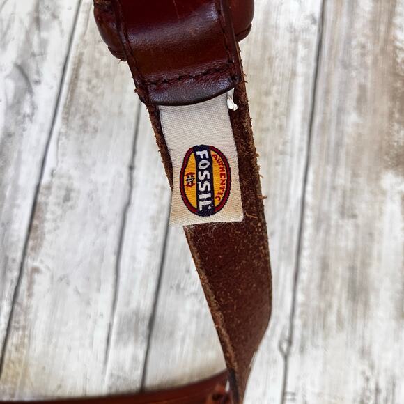 Fossil Western Leather Belt Sz 38 Brown Metal Woven Concho Silver Tone Cowgirl - Picture 8 of 14